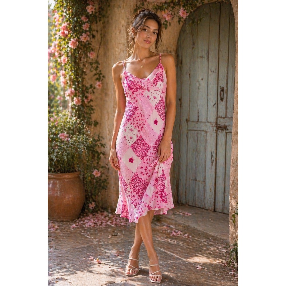 Y2K Pink Patchwork Slip Dress Jonathan Martin Size 11 Midi Floral Bias Cut**